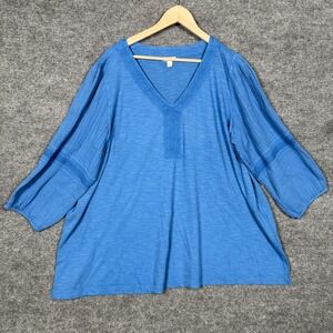 Pure Jill Size 3X Tunic Top Blue Pullover Cotton V Neck Lagenlook 3/4 Sleeve